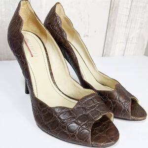 Lumiani 6 dark brown embossed animal print leather peep toe high heels Brazil